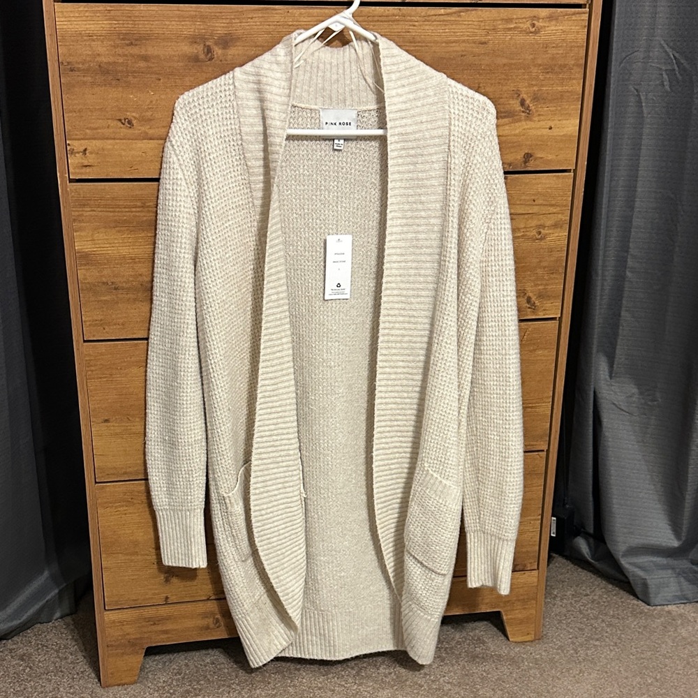 Pink Rose Women's Beige Open-Front Cardigan
